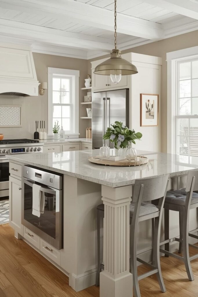 White Farmhouse Cabinets with Natural Wood Balance